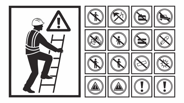 A collection of black and white safety signs illustrates various prohibition warnings and mandatory actions for industrial workers.