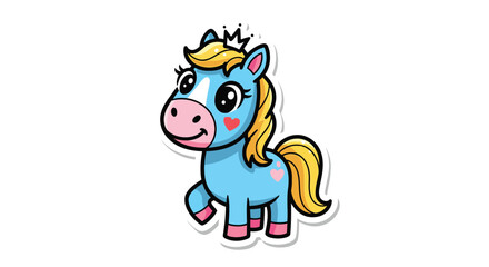 Cute blue cartoon horse with crown and hearts smiling sweetly