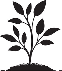 Solid black silhouette illustration of a young plant sprouting from soil, symbolizing new beginnings, growth, and environmental sustainability.