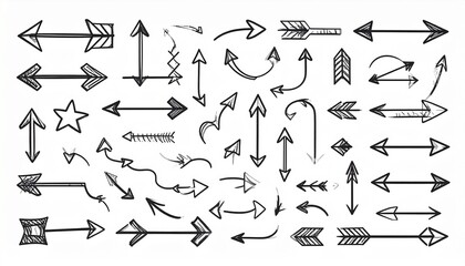 Obraz premium Hand-drawn arrows in various styles and directions—straight, curved, zigzagged—black and brown ink, with decorative elements like dashed lines, loops, and feathered ends, arranged for graphic design a