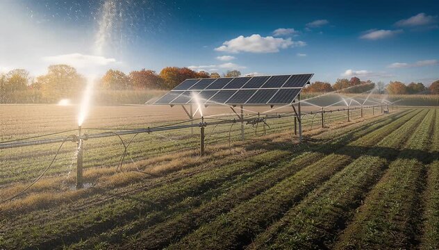 Solar panels installed over a field of crops being irrigated by sprinklers under a bright sky, showcasing sustainable agriculture and renewable energy.