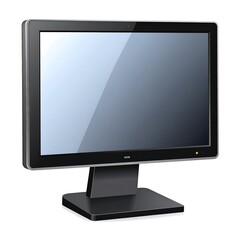 Computer monitor on a stand displays a blank screen with a glare, standing against an isolated white backdrop