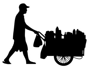 Minimalist black silhouette of a street vendor pushing a cart filled with supplies. This clean graphic represents local commerce, street food culture, and daily labor in an urban environment. © Suriya