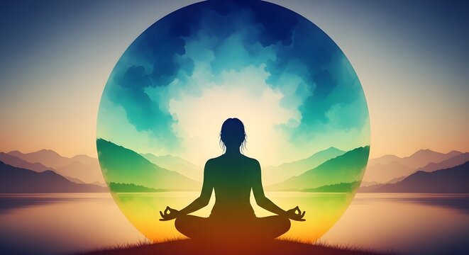 Woman meditating in lotus position silhouetted against a vibrant colorful aura background