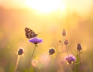 Butterfly alights on a flower bathed in warm, golden sunlight