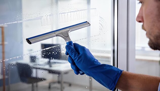 Man in blue gloves cleaning a glass window with a squeegee in an office setting.