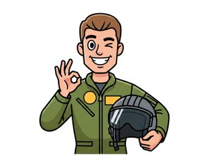 Fototapeta premium Smiling aviator in flight suit makes an excellent hand gesture while holding headgear