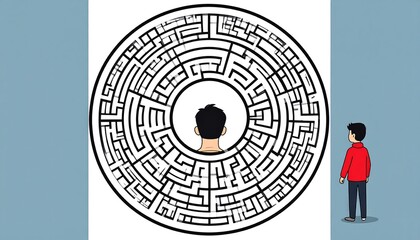 Cartoon illustration depicts a person contemplating an elaborate, circular labyrinth