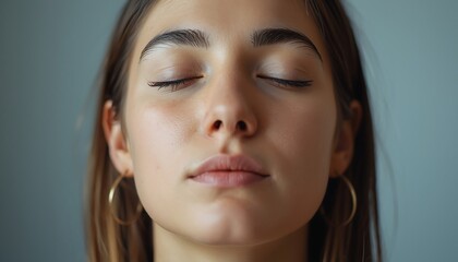 Fototapeta premium A calm young woman with closed eyes experiences a moment of peaceful tranquility and mindfulness.