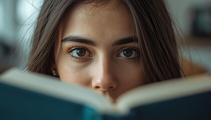 A captivating young woman peers intently over an open book, her eyes full of curiosity.