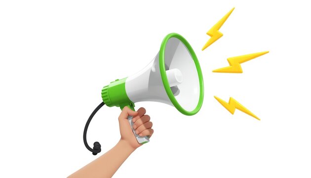 A hand holding a green and white megaphone with yellow lightning bolts coming out of it