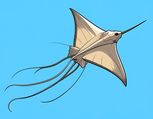 Cartoon illustration of a ray-like creature gliding in a bright blue expanse