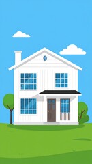 Cartoon illustration of a two-story white house with blue sky