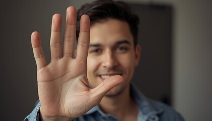 A smiling young man raises his open palm towards the camera, signaling a stop or greeting.