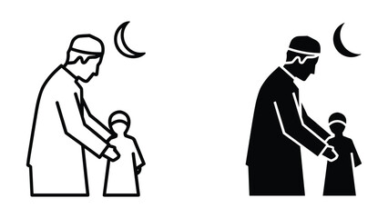 Father guiding son under crescent moon