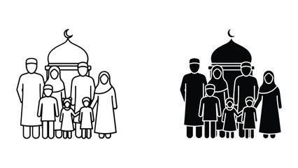 Muslim family standing together in front of mosque