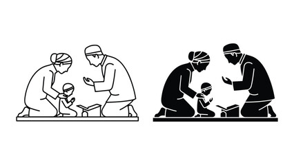 Family sharing meal together in traditional attire