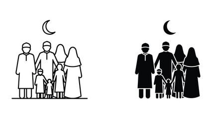 Muslim family standing together under crescent moon