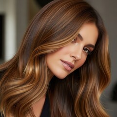 Naklejka premium Beautiful woman with long brown hair and subtle highlights posing indoors.
