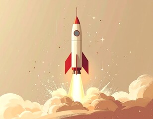 Cartoon rocket blasting off amidst smoke and stars in a warm color scheme