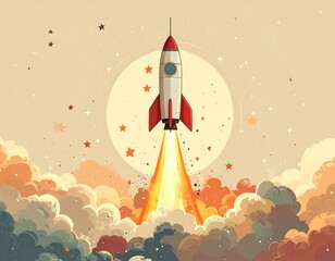 Cartoon rocket blasting off amidst clouds and stars, round moon