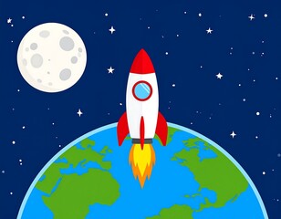 Cartoon rocket blasting off Earth, passing a full moon in starry space