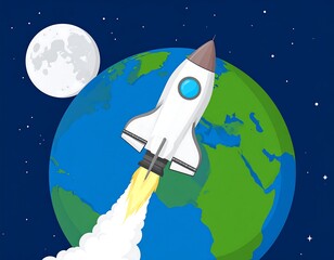 Cartoon rocket blasting off toward the moon, over a blue and green Earth