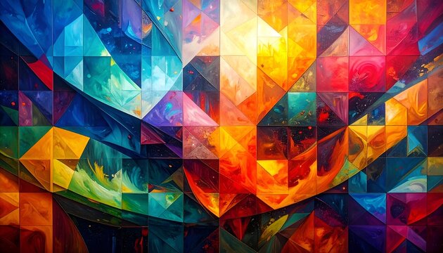 Abstract art shows triangular patterns of blues, reds, oranges and yellows creating a celestial, dynamic energy