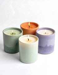 Four lit candles in pastel ceramic containers, arranged on a white surface, emitting soft light, casting subtle shadows