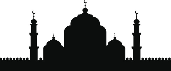 Fototapeta premium Islamic mosque silhouette skyline with crescent moon isolated on white background for Ramadan and religious design