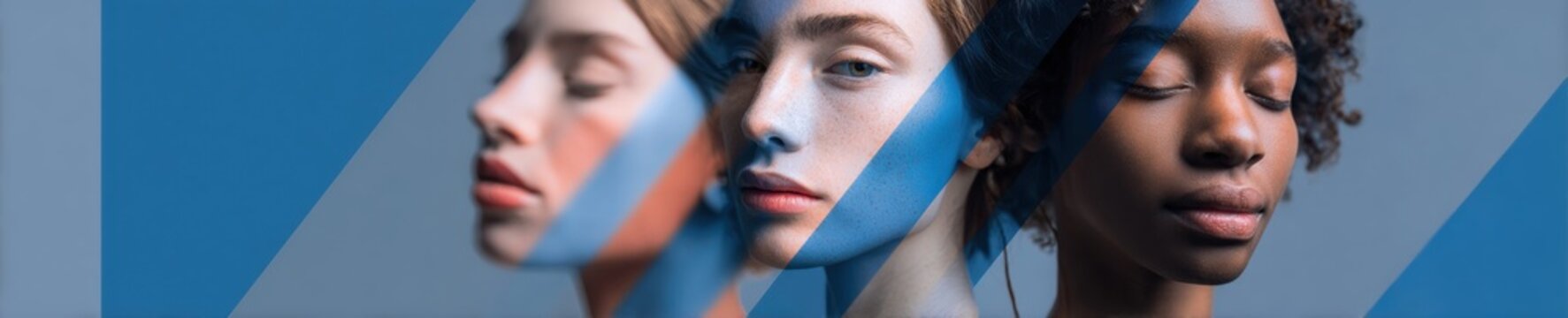 Diverse women faces in profile view with geometric abstract patterns, artistic banner for Women History Month branding, modern multicultural design on blue background