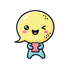 Obraz premium Cartoon speech bubble character holding mobile phone