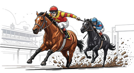 Jockeys riding horses racing towards finish line in intense competition © Gimhana