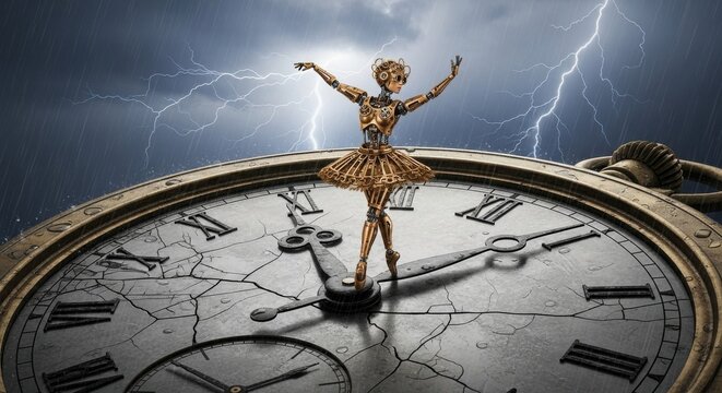 A surreal figure dancing atop a stormy clock under dramatic skies