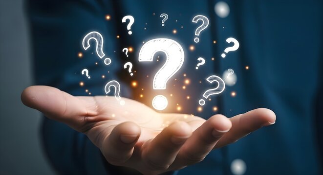 Business Solution Search: Businessman palm holding virtual glowing question mark with multiple symbols, problem solving, faq support, decision making and corporate strategy concept