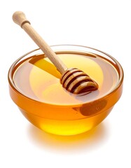 Glass bowl of amber honey with a wooden dipper, isolated on white, casting a subtle shadow