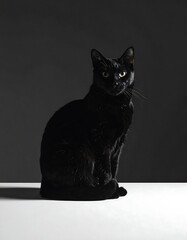 Glossy black cat sits elegantly with bright yellow eyes, highlighted against a dark gray gradient background