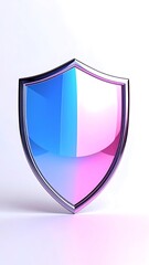 Glossy shield split blue and pink, with a chrome frame, isolated on a white background, highlighting reflections