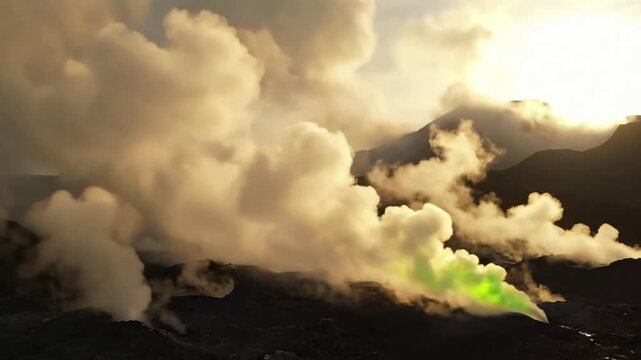 Toxic Atmosphere and Light Focus on how the sulfur haze interacts with ambient light (e.g., dawn or twilight), creating dramatic shadows and an otherworldly glow, highlighting the hazardous