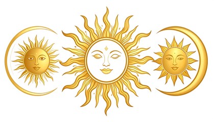 Golden celestial arrangement sun faces within sunbursts and crescents on a white background, simple and intricate design