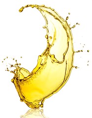 Golden liquid splashes in a curved form against a white backdrop, resembling a dynamic crescent