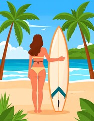 Cartoon woman at the beach with a surfboard