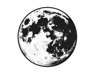 Grayscale illustration of a full moon, showing craters and textures, isolated on a white background