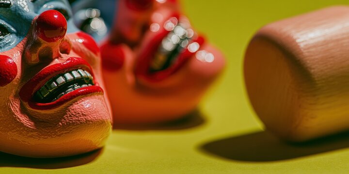 Traditional Carnival Masks and Wooden Rattle for Purim Celebration, Jewish Holiday Festive Background for Marketing Banner and Greeting Card Design with Grogger