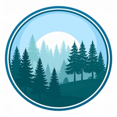 Fototapeta premium Full moon over misty pine forest in circular frame teal blue night scene