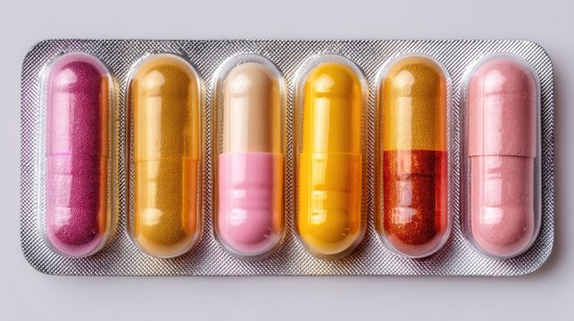 A colorful pill blister pack with six different colored capsules.