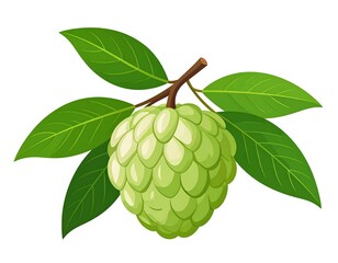 Green, segmented fruit on a branch, surrounded by elongated leaves on a white background