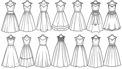 Group of dresses on mannequins with various designs. Line art style with no color. Pattern examples displayed