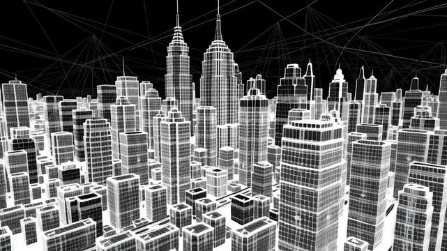 The image is a black and white photo of a city skyline. Digital replica of city infrastructure, simplified geometry, minimal data visualization, clean tech look, digital twin city model