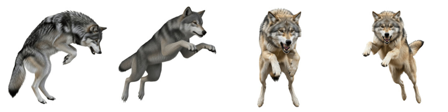 Title: Set of Grey Wolf Jumping Poses and Wild Canine Predator Action PNG